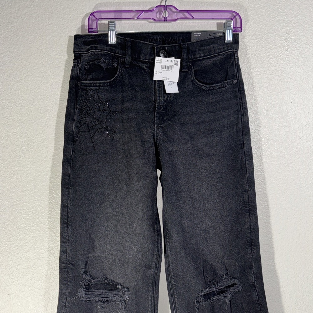 NWT American Eagle Spiderweb Rhinestone Jeans High Rise Stovepipe 2 Long Goth